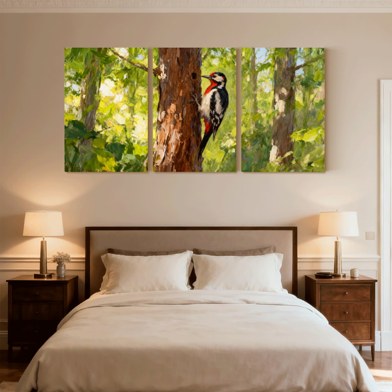 Oiseaux pics perchés sur un arbre dans une scène de forêt, ensemble de 3 impressions sur toile, H 18 po x l 36 po