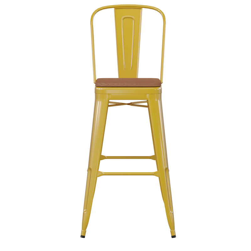 Tabouret de comptoir toutes saisons avec dossier amovible et siège en résine de polyester Britian, Jaune / brun