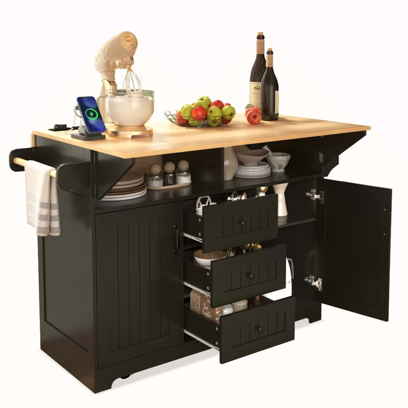 55.7'' Large Kitchen Island With 2 Drop Leaf,, Rolling Kitchen Cart On 5 Wheels With Power Outlet, Folding Storage Dining Table With Spice & Towel Rack , 3 Drawers, For Kitchen, Dining Room