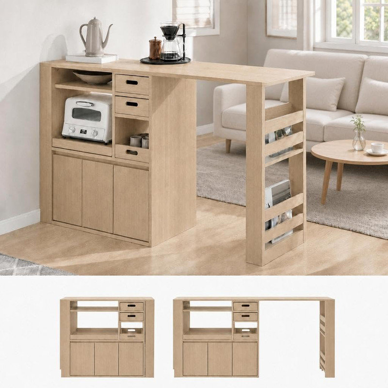 Comptoir de cuisine extensible et support à micro-ondes de 99 à 170 cm, table pour îlot à grain de bois avec rangement pour tiroir, séparateur de pièce pour le salon