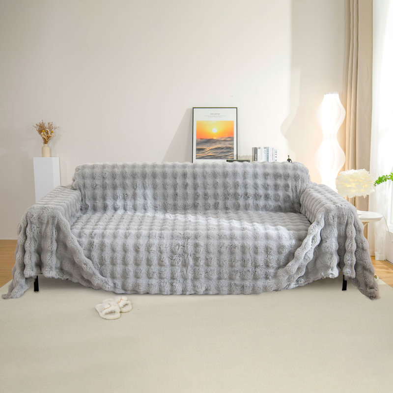 1-Piece Faux Fur Box Cushion Slipcover, 71" H x 118" W, Dark Gray