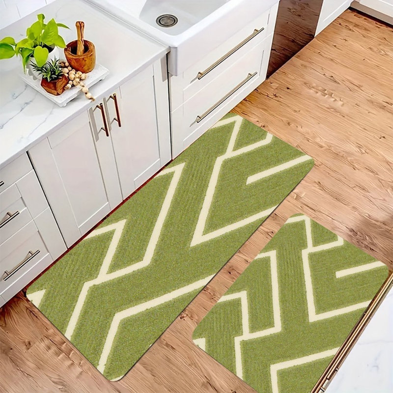 Fresh Green Lines, Kitchen Mats Set Of 2, Green Abstract
