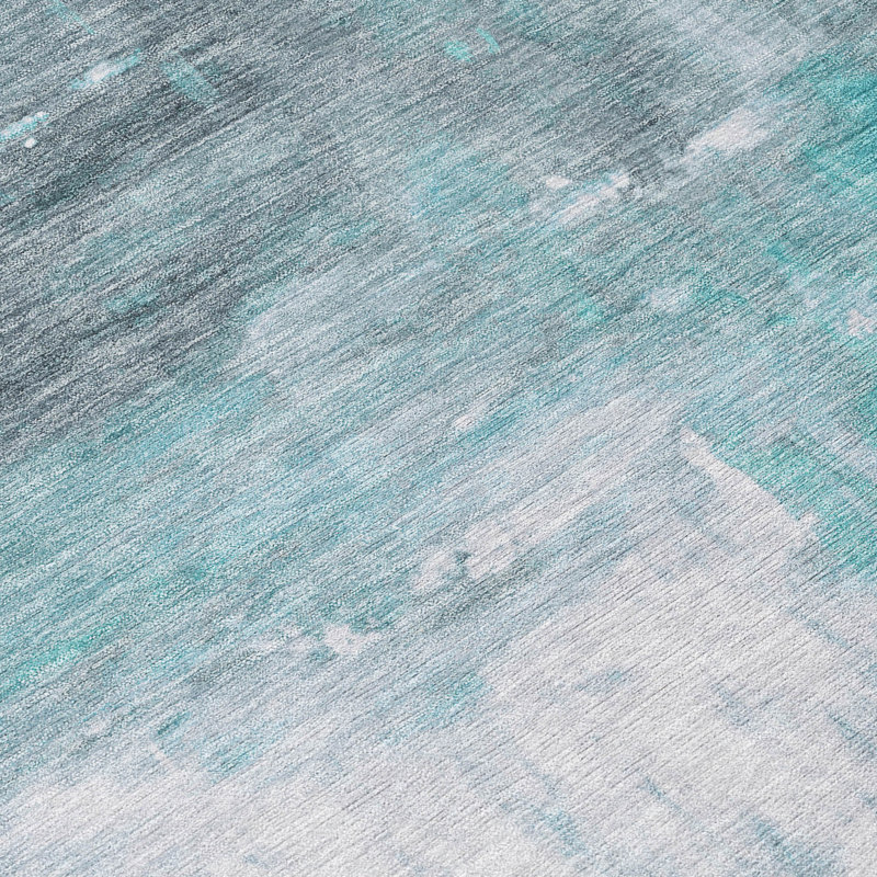 Teal and Gray Abstract Washable Synthetic Rug, 2'6" x 3'10"