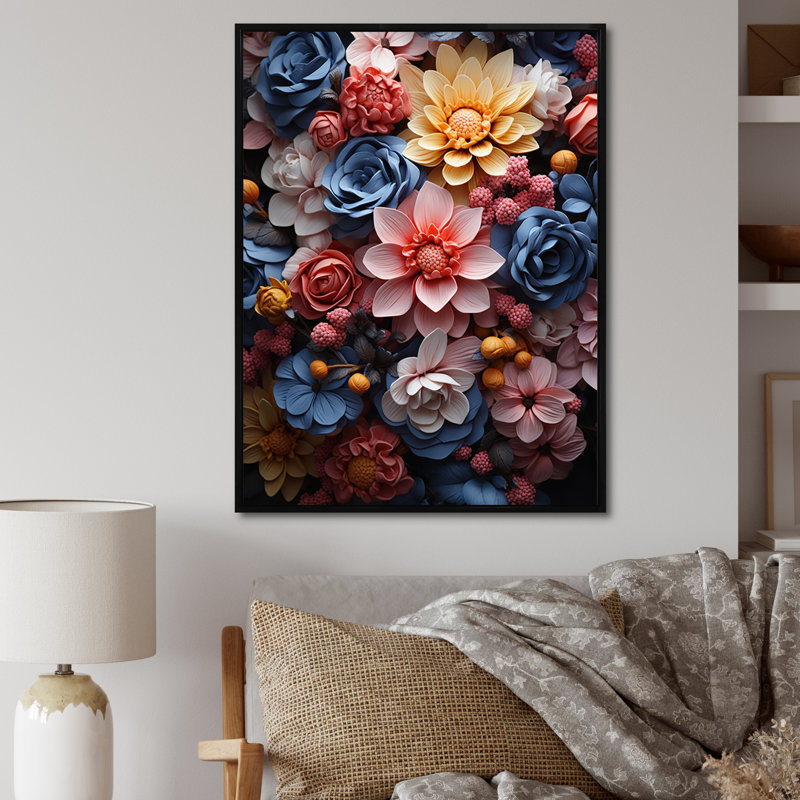 Rose, bleu, Wilflowers Dream I, H 44 po x l 34 po x P 1,5 po, Cadre flottant noir