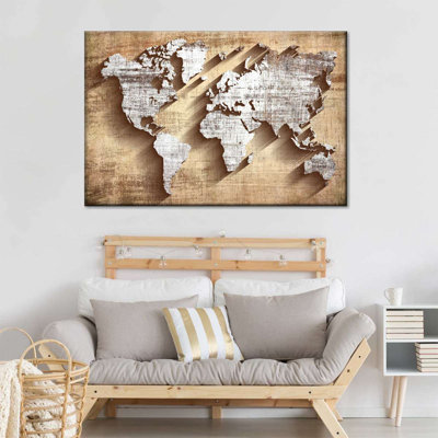 " Carved Wood World Map Canvas Print "
