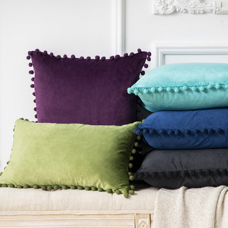 Light Green Velvet Pom Pom Decorative Throw Pillows, 12" x 20", Set of 2