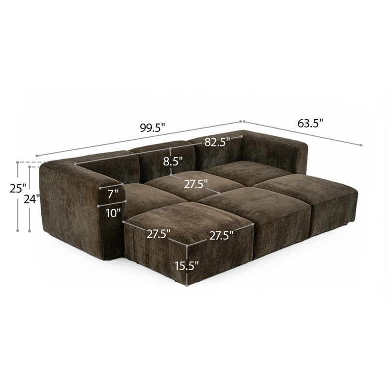 Canapé modulaire moderne à profil bas en chenille avec 3 repose-pieds, Chocolate Brown Chenille