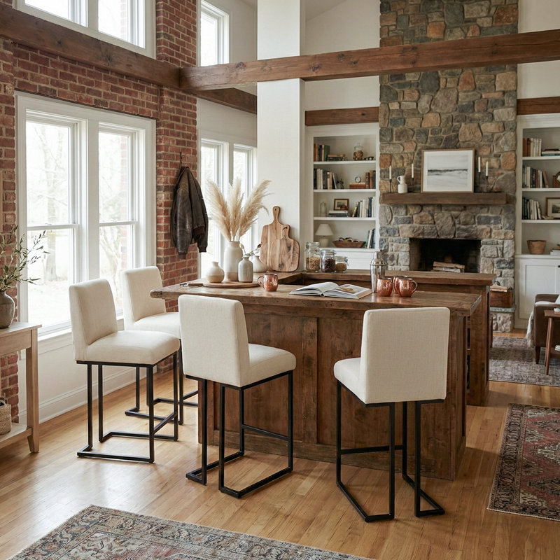 25" Counter Height Upholstered Bar Stools With Textured Fabric Seats And Black Metal Base, Beige