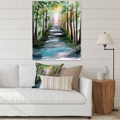 Une allée de forêt ensoleillée avec des ombres d'arbre - peinture sur toile