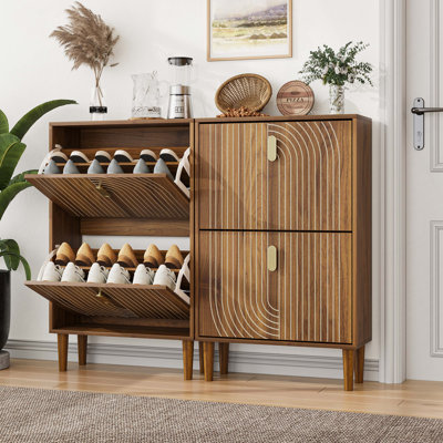 Armoire à chaussures avec 2 tiroirs rabattables, armoire à chaussures autoportante avec poignées en métal pour le vestibule, armoire à chaussures avec rainure en ligne, l 23,6 po