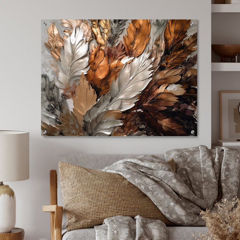 «Gold Feather Extravaganza IV», art mural acrylique plume glam, H 12 po x l 20 po