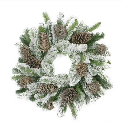 Couronne de Noël artificielle en forme de pomme de pin floquée et de brindille - 24 pouces non éclairée