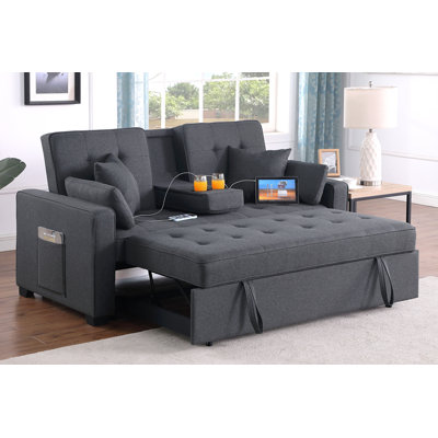70-Inch Dark Gray Linen Convertible Sleeper Loveseat With Drop-Down Console, Cup Holders, USB & USB-C Charging Ports, Pocket Coil Seating