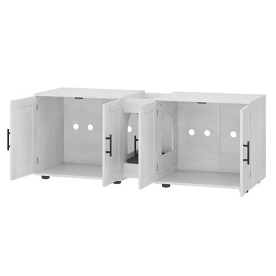 55" Wooden Cat Litter Box Enclosure for 2 Cats, Hidden Double Compartment Cabinet with Scratch Pad & Storage, White Cat Furniture
