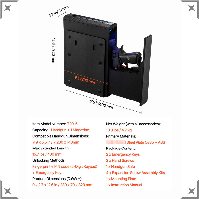 Fingerprint Password Key 3 - Way Quick Access Handgun Safe, Slider With Lighting For 1 & Magazine, Mounted Bedside Car Desk Nightstand, Black Q235 Metal, 16.3in Depth, 11.55in Width, 5.41in Height,
