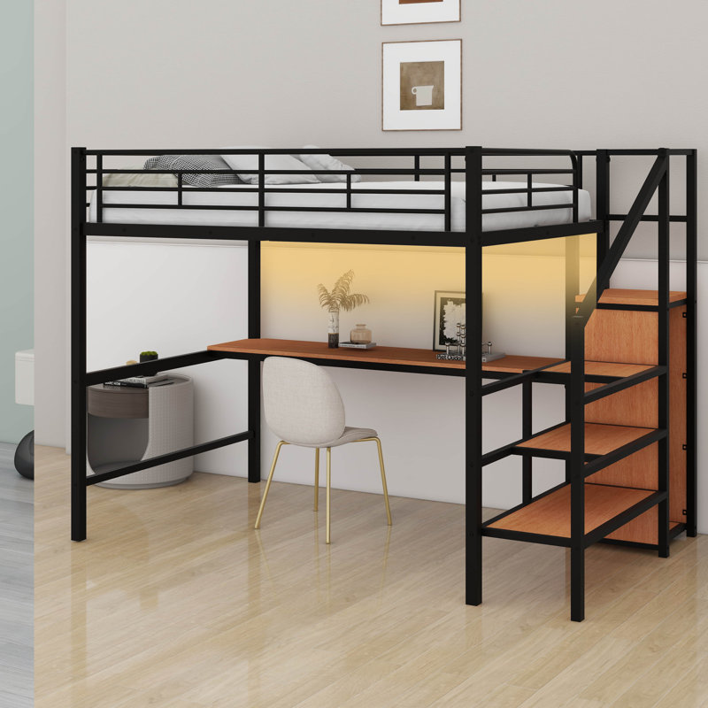 Lit mezzanine double avec bureau et escalier de rangement, lit mezzanine en métal avec lumières DEL et petite armoire, Noir