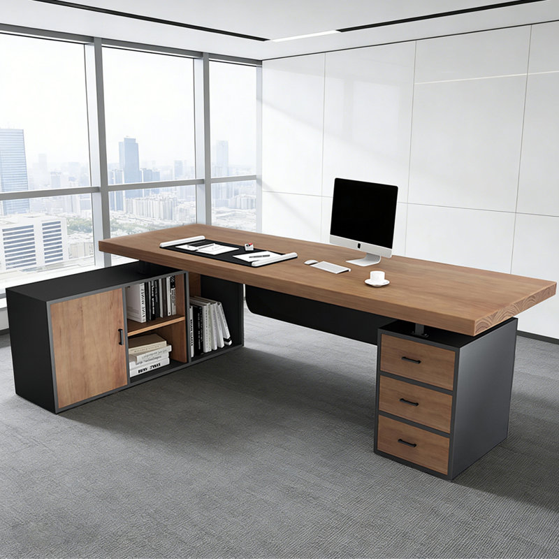 Bureau de direction en bois massif en L noyer avec tiroirs, H 29,53 po x l 86,61 po x P 59,06 po, Retour à gauche