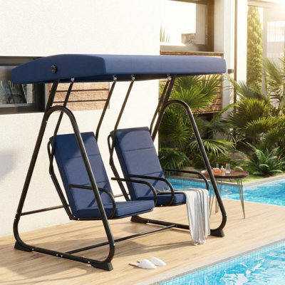 Balancelle d'extérieur pour 2 personnes avec auvent réglable, coussins amovibles, balancelle avec sièges indépendants, structure résistante aux intempéries pour balcon de jardin, bleu foncé