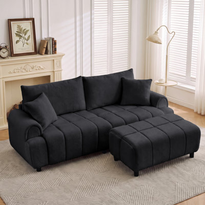 88.6" Modern 3-Seat Sofa with Movable Ottoman and 2 Pillows
