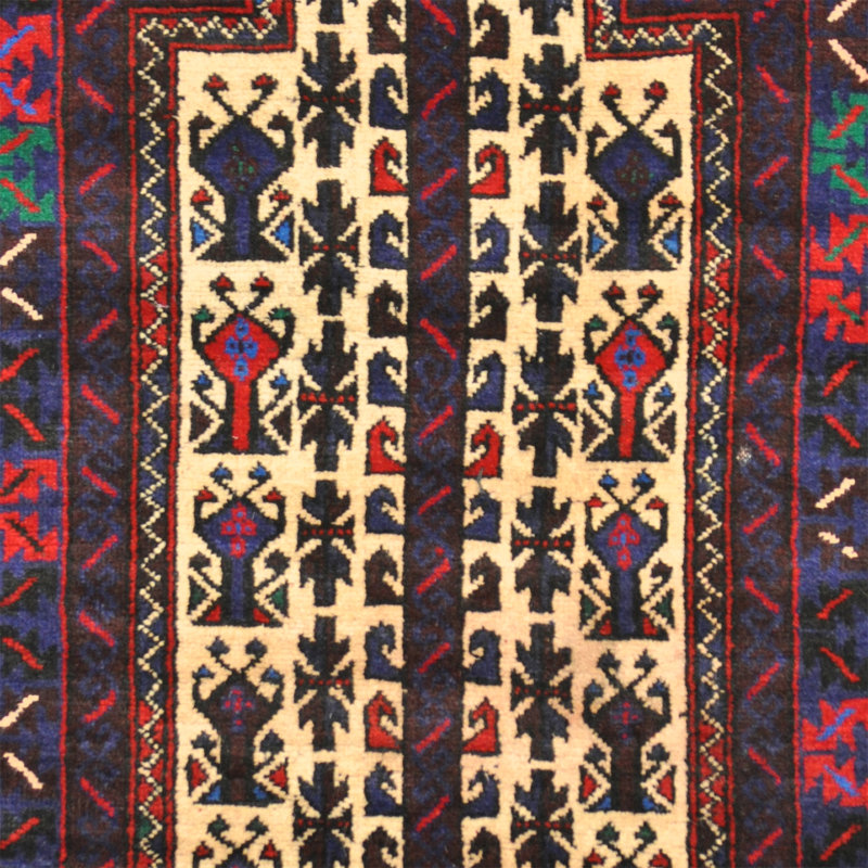 Tapis décoratif en laine rouge noué à la main balouchi rouge de conception unique 2 pi 9 po x 5 pi balouchi