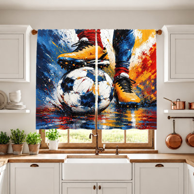 2Pcs Soccer Action Curtains, vibrant brushstrokes, dynamic sports theme, light filtering fabric, privacy protection, rod pocket design, perfect for living room, bedroom, teen, man cave home decor