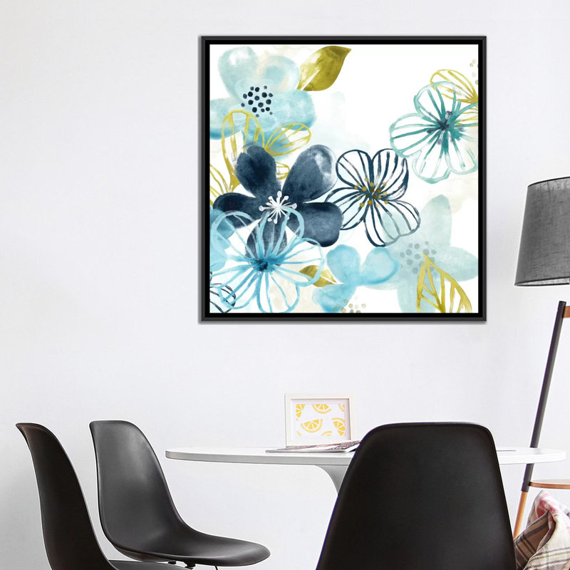 «Aqua Flora I», reproduction sur toile, H 18 po x l 18 po x P 1,5 po, Toile avec cadre noir, Pas de tapis