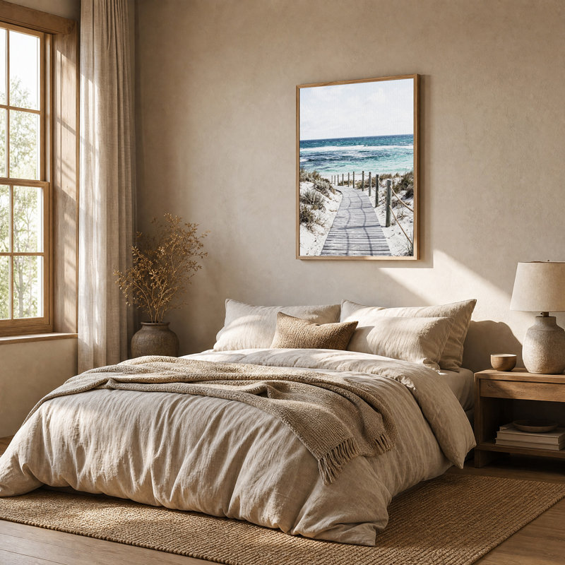 Art mural en bois, promenade en bois vers l'océan turquoise et sable blanc, H 24 po x l 18 po
