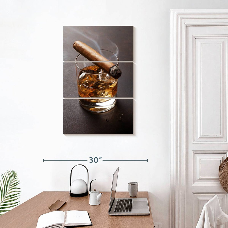 Cigare sur verre à whisky - Ensemble de 3 toiles tendues, H 32 po x l 20 po x P 1,25 po