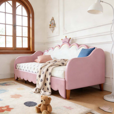 Lit de jour simple à rallonge avec lumières DEL, lit de jour rembourré princesse moderne avec tête de lit couronne