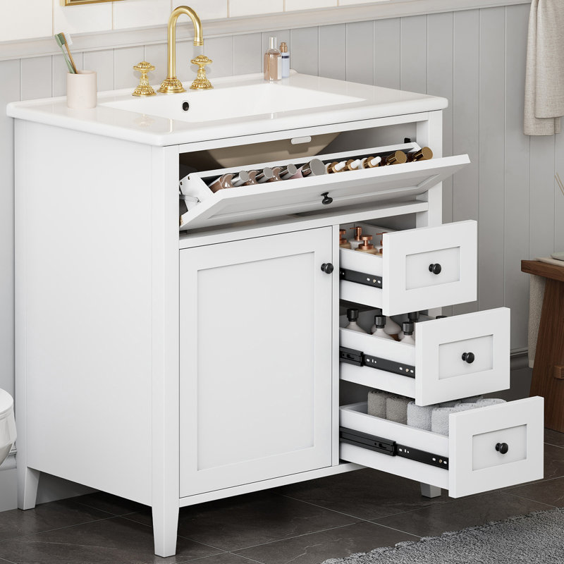 Meuble-lavabo autoportant moderne 30 po avec comptoir en céramique, White