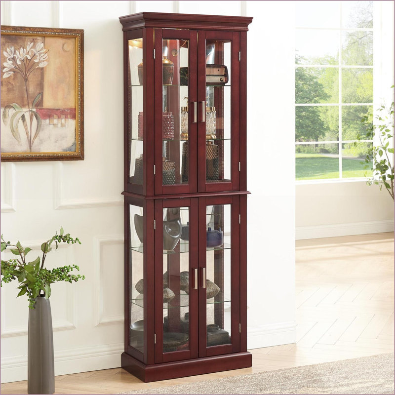 Cabinets | Lighted Curio with Adjustable Shelves, Mirrored Back | Walnut Brown, Solid &amp; Composite Wood | 23.75"W x 11.75"D x 70"H | Traditional | Living Room
