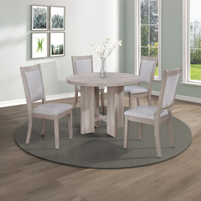 Ensemble de salle à manger 5 pièces contemporain avec table ronde, chaises rembourrées, structure en bois et finition en bois flotté beige