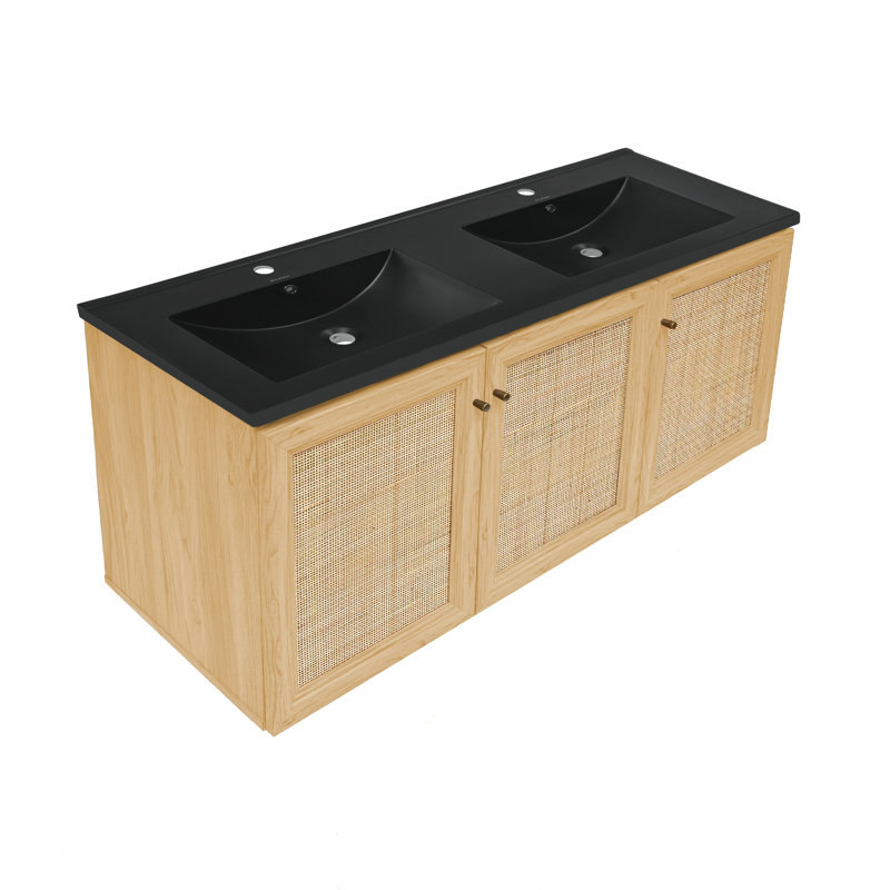 Ensemble de meuble-lavabo mural en chêne avec lavabo à double cuve Classe 48, Noir, noir, noir, noir, Naturel