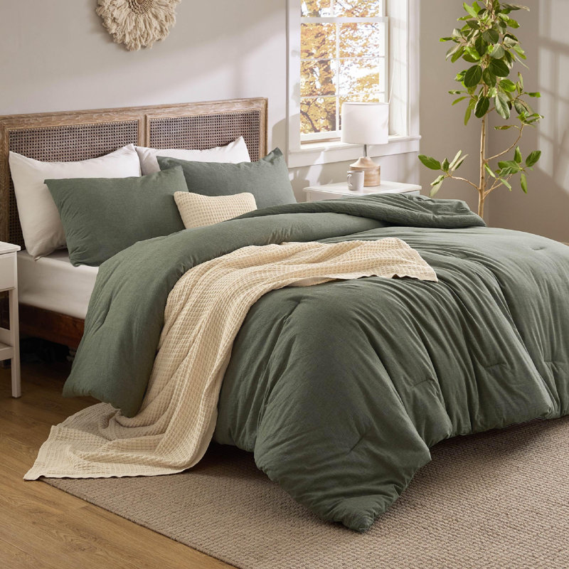 Bedsure Cotton Comforter with Throw Waffle Blanket and Decorative Pillow,Bedding Comforter Sets, Olive Green