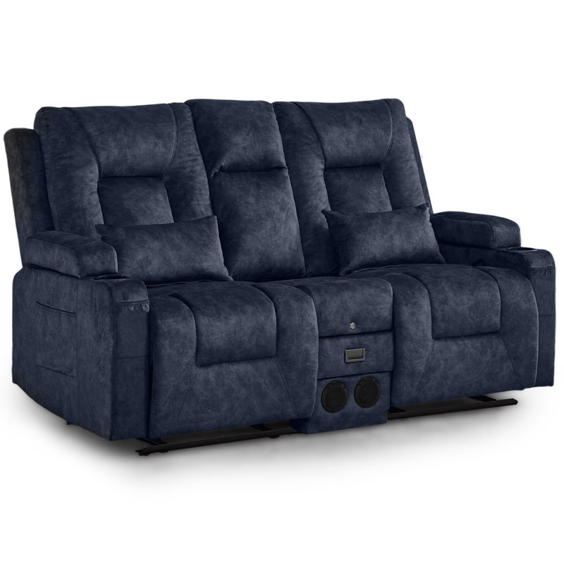 Manual Reclining Loveseat Sofa With Flip-Top Center Console, Charging Ports, Bluetooth Speakers And Cup Holders, Blue