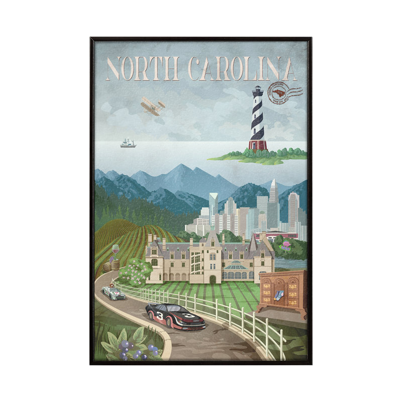 «North Carolina a», reproduction d'art encadrée sous verre, H 15,5 po x l 10,5 po x P 1,5 po, Cadre flottant noir, Non