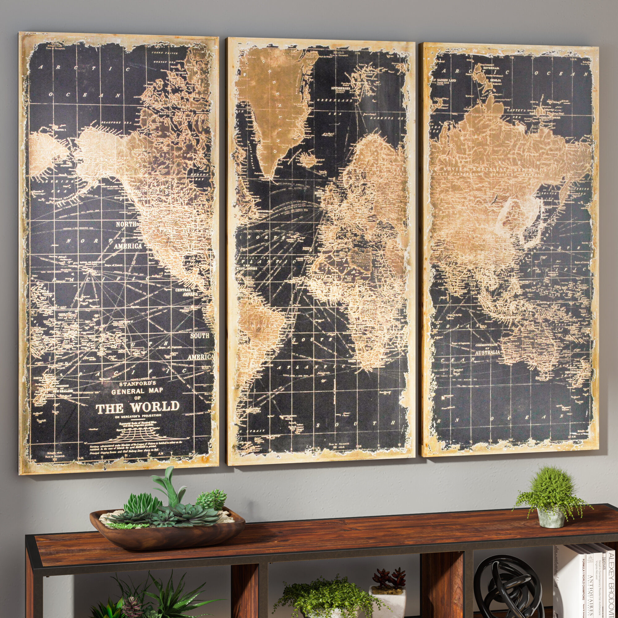 Longshore Tides Stanford World Map Framed On Wood Pieces Print  Reviews  Wayfair