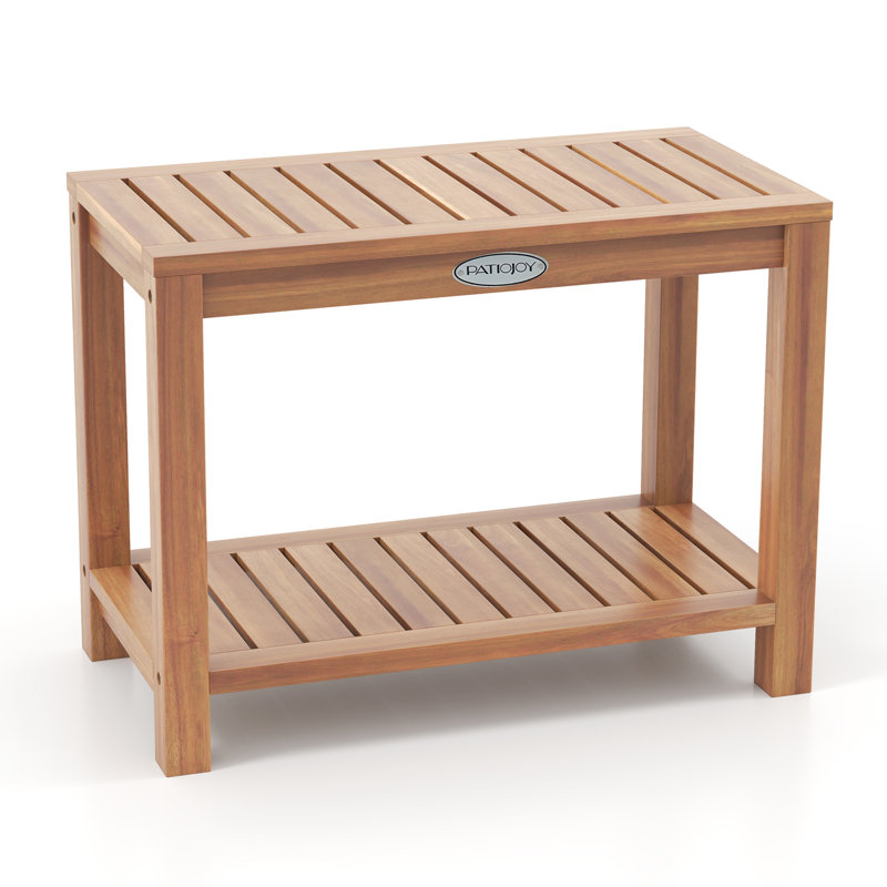 Banc de douche en bois de teck avec tabouret de douche avec tablette de rangement pour adultes, H 18 po x l 24 po x P 12,5 po