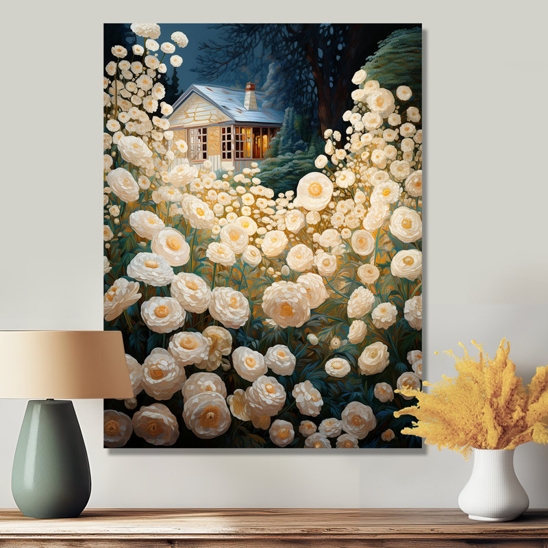 «White Blossoming Flowers Country House», art mural paysage, Métal métal, H 32 po x l 16 po x P 1 po