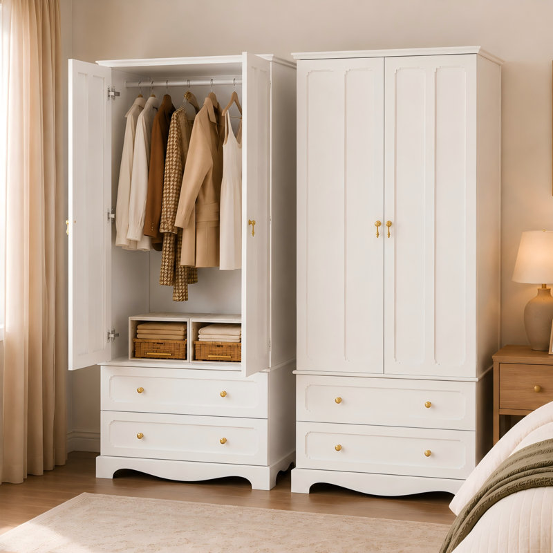 Freestanding Wooden Wardrobe Armoire with 2 Drawers, White