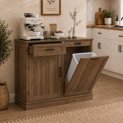 Tilt Out Trash Can Cabinet, Trashcan Cabinet For Kitchen, Wood Cabinet With Trash Can -Dark Brown