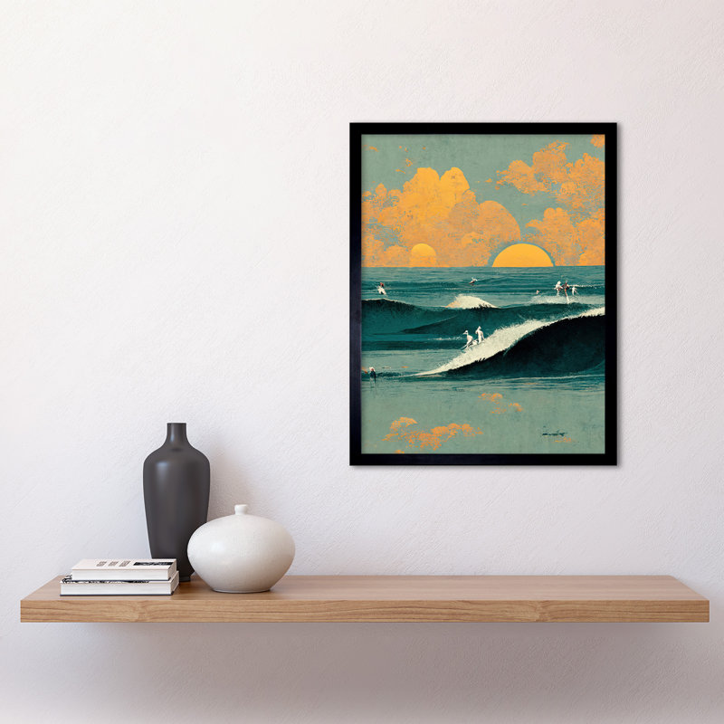 Surfers Surfing Chasing Waves At Sunset - Single Picture Frame Print