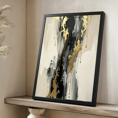 Abstrait moderne abstrait abstrait en cascade sur une toile noire et blanche, style moderne mixte. Toile encadrée 24 "x 36" avec cadre en bois noir