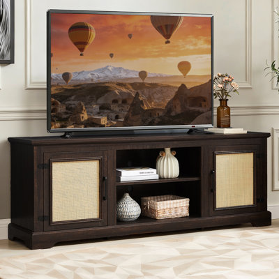 65" Mid-Century Modern TV Stand for TVs up to 70", Entertainment Center with Rattan Doors, Fish Tank Cabinet with Storage Cabinets & Adjustable Shelves, Fish Tank Cabinet for Living Room, Bedroom