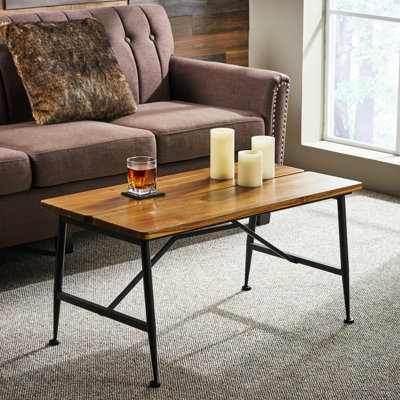 Table basse industrielle pour patio en bois d'aspect antique, structure en métal noir