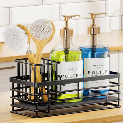 Foldable Stainless Steel Sink Sponge Holder, 3 Compartment Organizer With Diatomaceous Earth Absorbent Pad, Anti-Slip, Quick Drying, Black