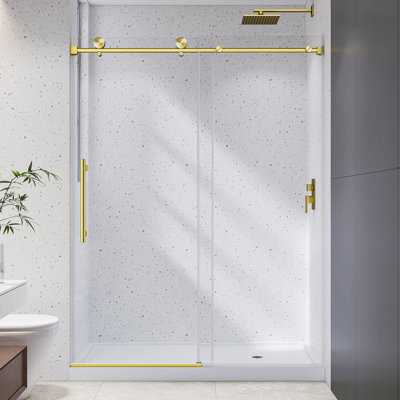 L 55 à 60 po x H 78 po, sans cadre, en or brossé, une porte en verre fixe et une porte de douche coulissante, un film antidéflagrant et un revêtement nano, de la quincaillerie en acier inoxydable et du verre trempé de 1/4 po (6 mm)