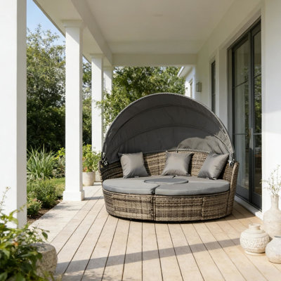 Lit de jour rond convertible 4 pièces pour extérieur, avec auvent rétractable, gris, coussins épais et rembourrés, pieds réglables pour terrain inégal, coussins épais et coussins décoratifs inclus, assemblage requis