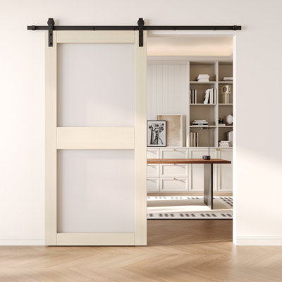 30x84 Tinsmith Gray Color 2-Lite Glass Design Finished Unassembled Solid Wood Sliding Barn Door Only