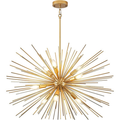 Modern Sputnik Chandelier Light Fixture With 9 Lights, Mid-Century Starburst Design In Gold Finish For Living Room, Dining Room, Foyer And Bedroom